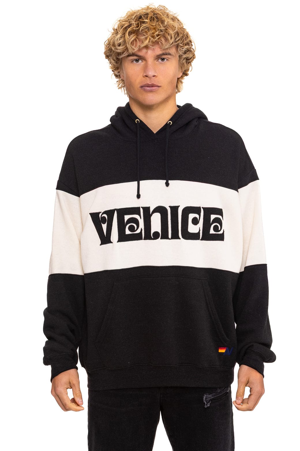 Retro VENICE EMBROIDERY COLOR BLOCK PULLOVER HOODIE RELAXED - BLACK VINTAGE WHITE