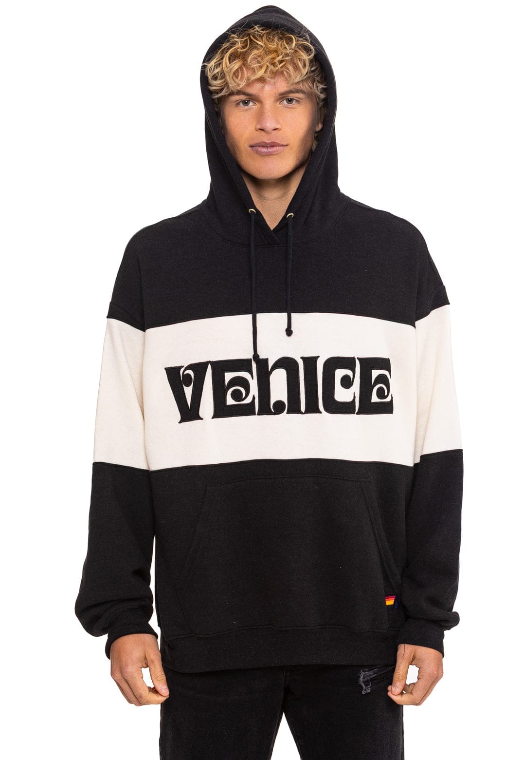 Retro VENICE EMBROIDERY COLOR BLOCK PULLOVER HOODIE RELAXED - BLACK VINTAGE WHITE