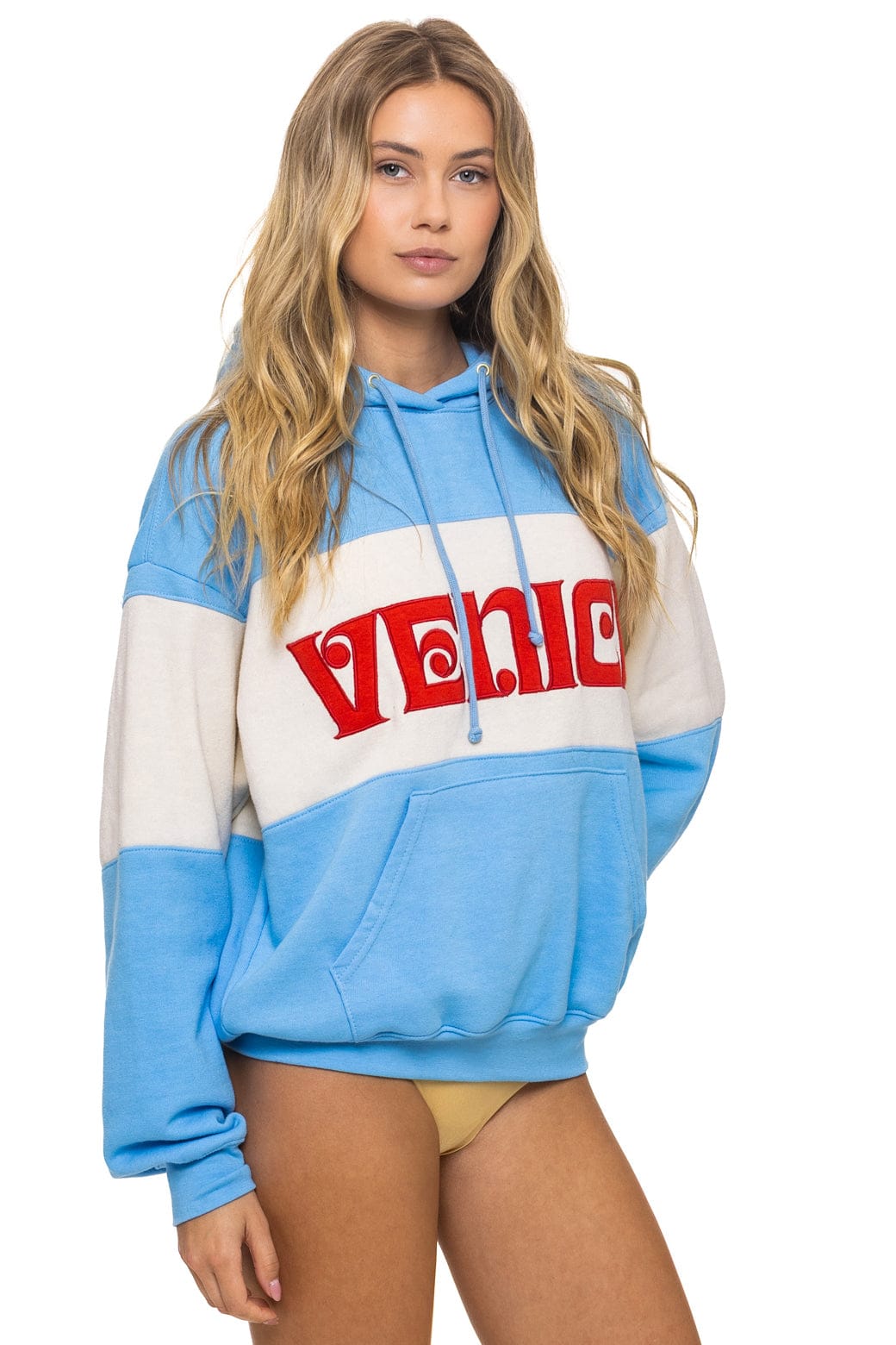 Retro VENICE EMBROIDERY COLOR BLOCK PULLOVER HOODIE RELAXED - SKY VINTAGE WHITE