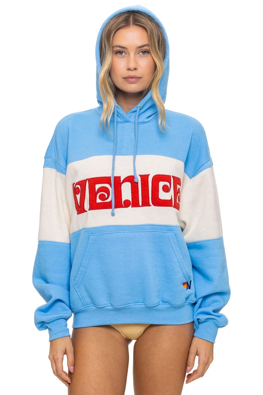 Retro VENICE EMBROIDERY COLOR BLOCK PULLOVER HOODIE RELAXED - SKY VINTAGE WHITE