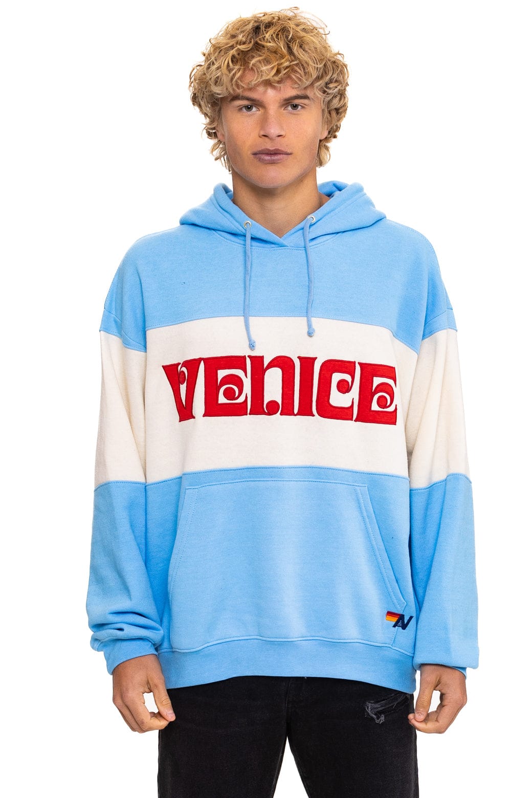 Retro VENICE EMBROIDERY COLOR BLOCK PULLOVER HOODIE RELAXED - SKY VINTAGE WHITE
