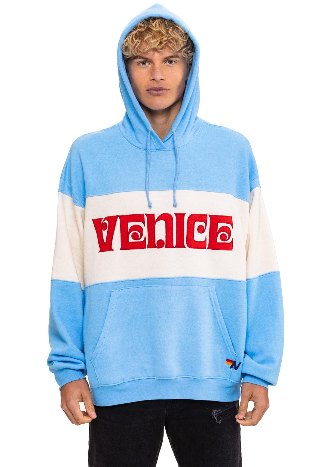 Retro VENICE EMBROIDERY COLOR BLOCK PULLOVER HOODIE RELAXED - SKY VINTAGE WHITE