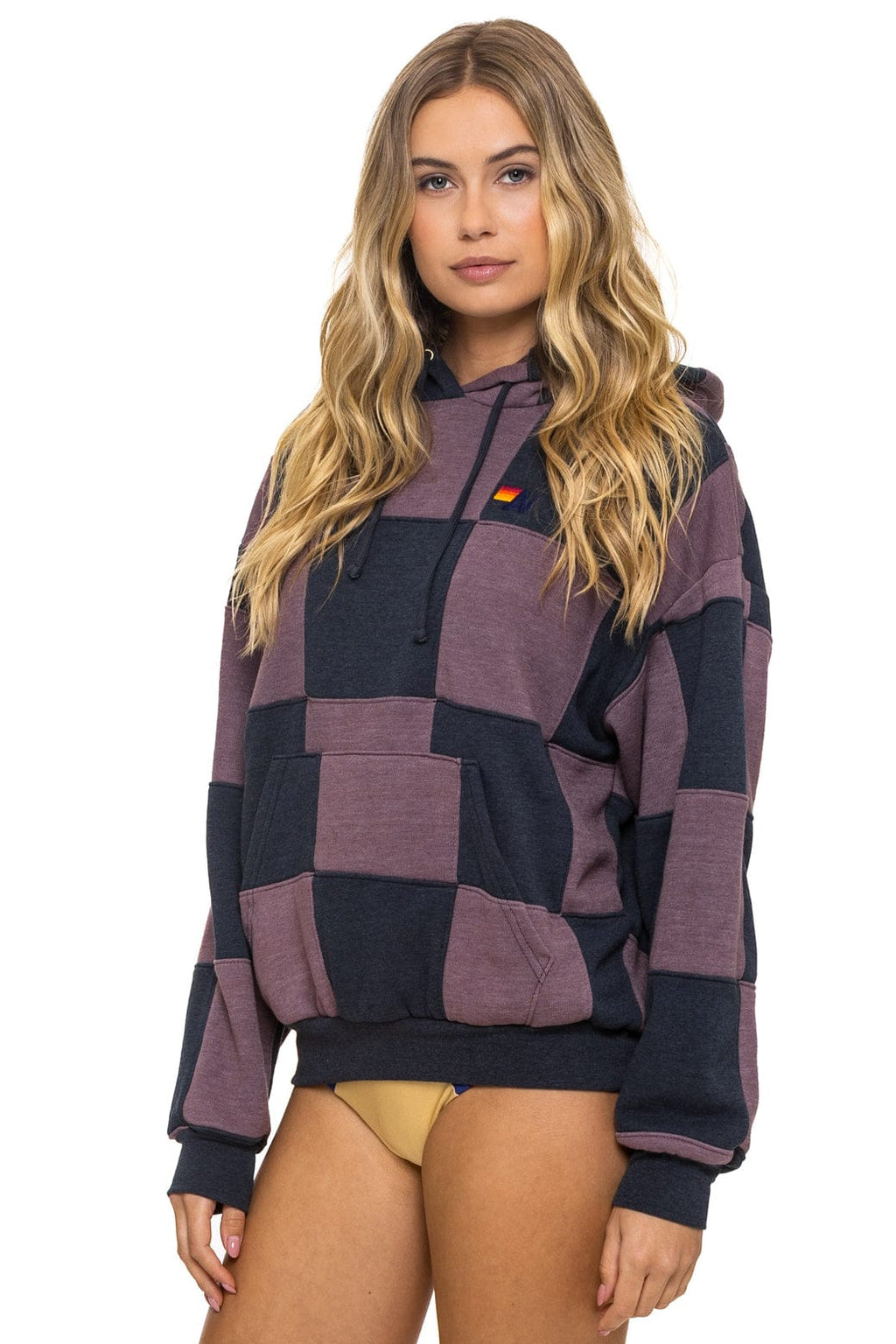 Retro CHECK QUILT RELAXED PULLOVER HOODIE - CHARCOAL MOCHA
