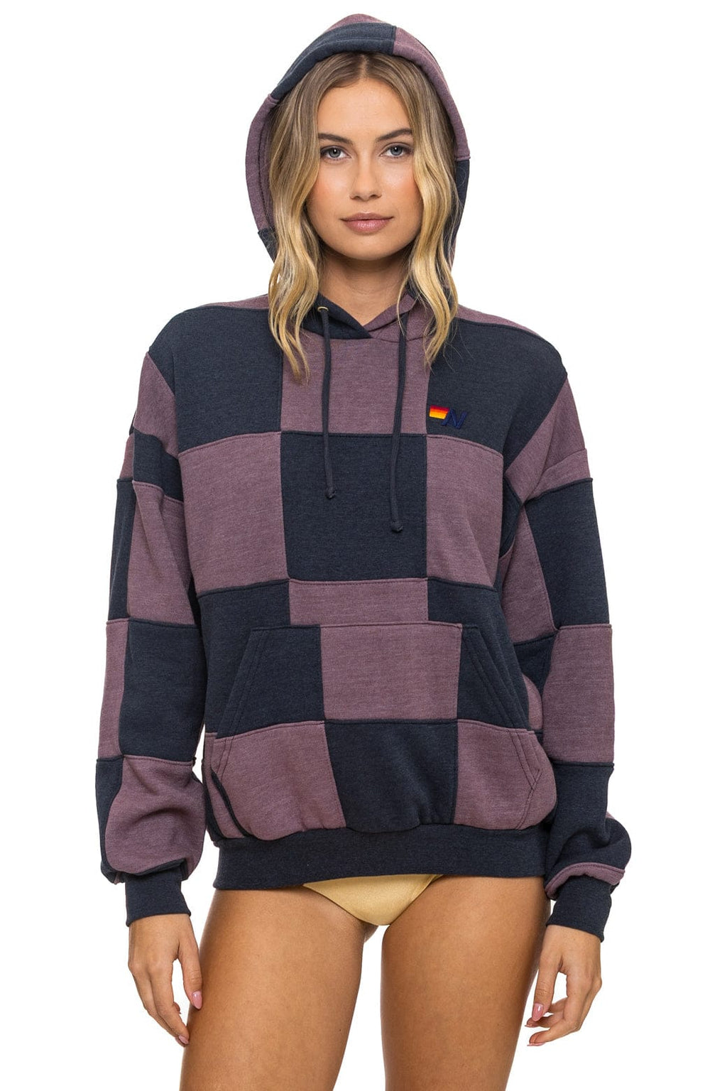 Retro CHECK QUILT RELAXED PULLOVER HOODIE - CHARCOAL MOCHA