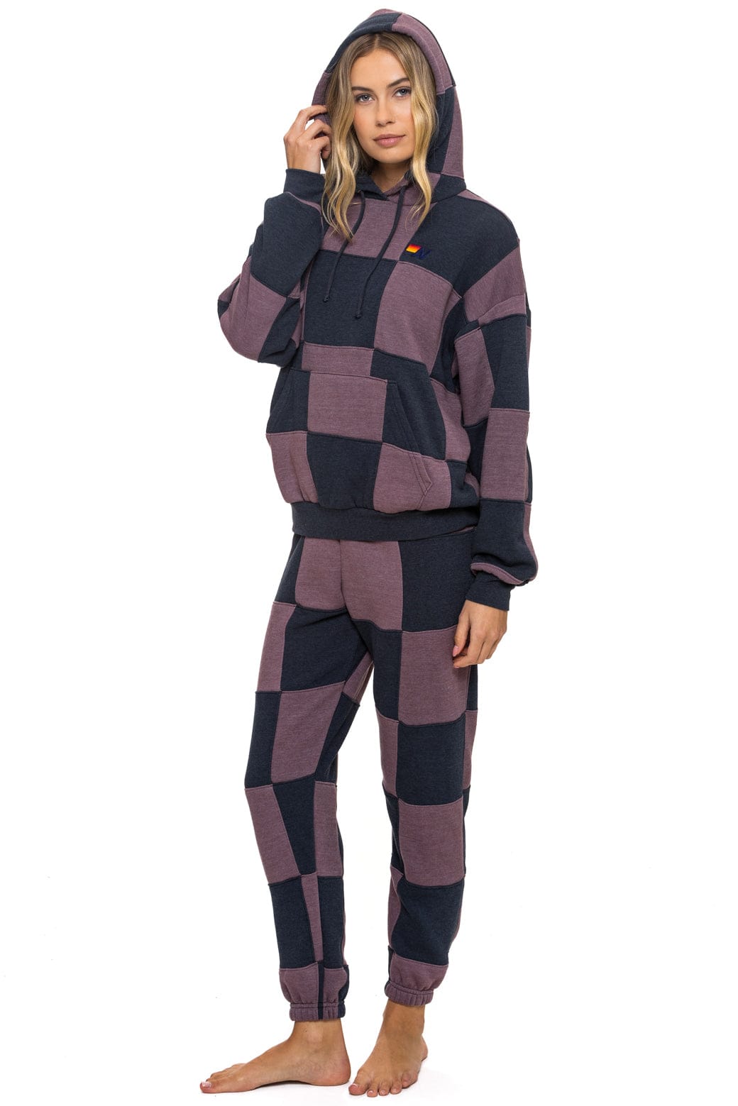 Retro CHECK QUILT RELAXED PULLOVER HOODIE - CHARCOAL MOCHA