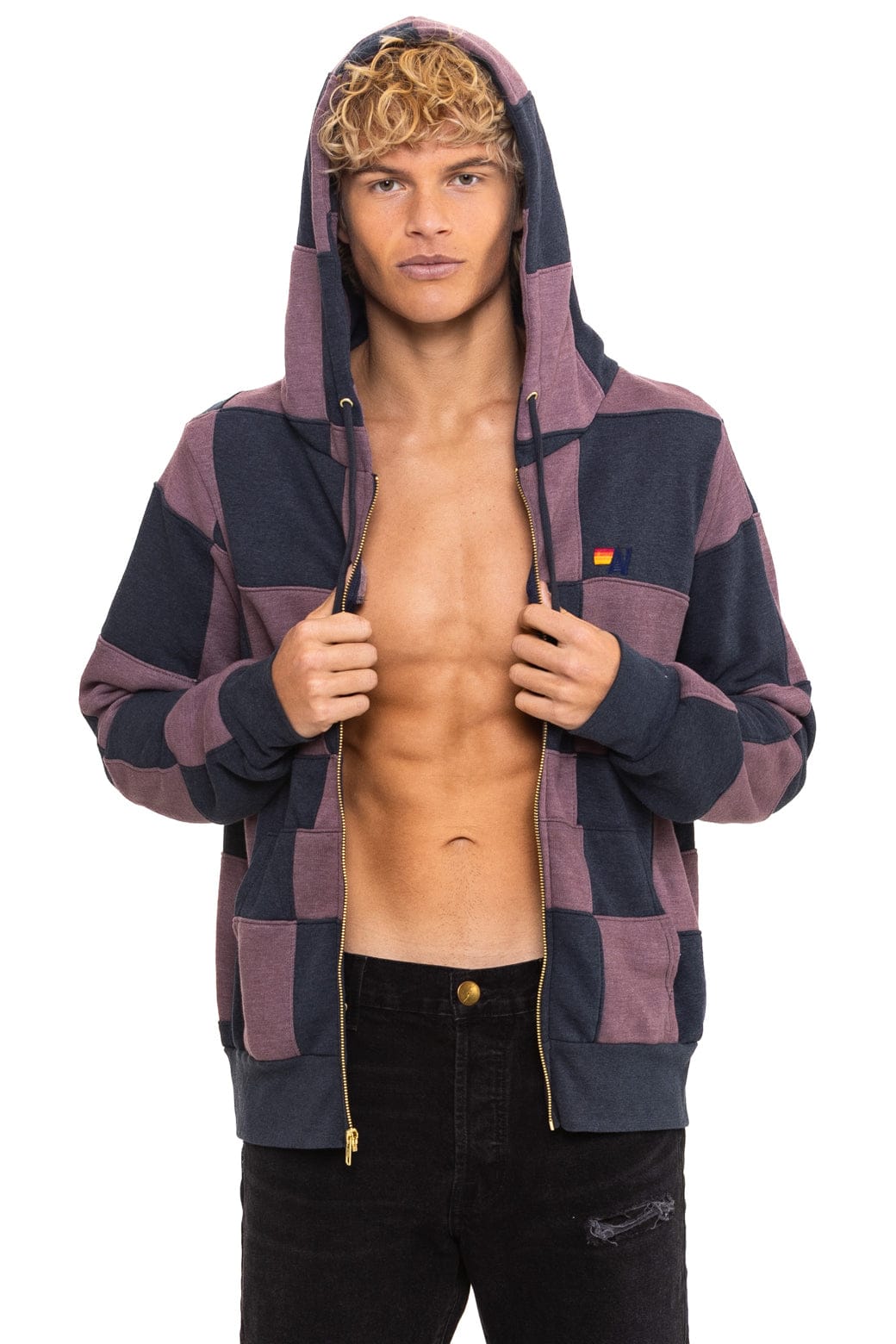 Retro CHECK QUILT ZIP HOODIE - CHARCOAL MOCHA