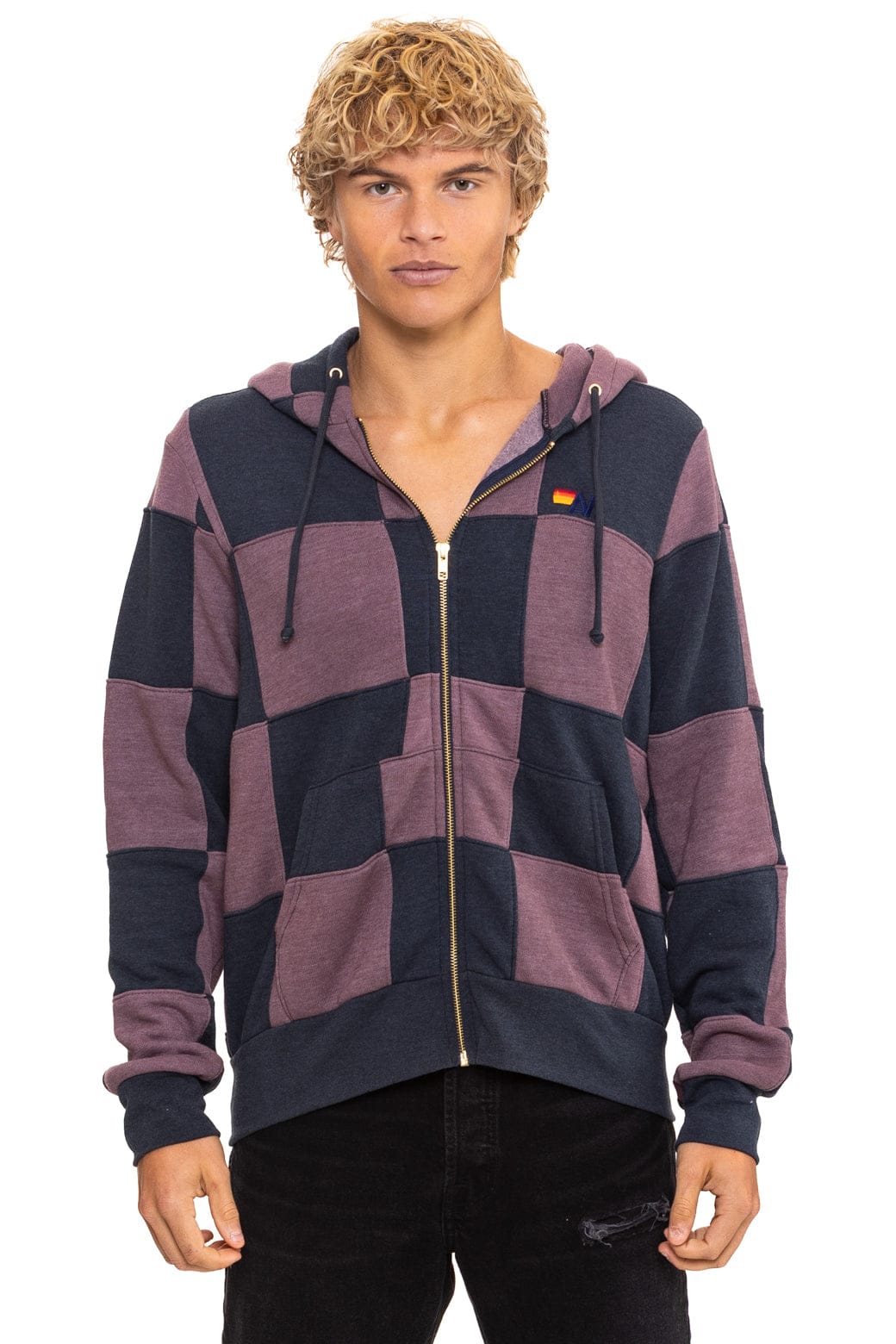 Retro CHECK QUILT ZIP HOODIE - CHARCOAL MOCHA