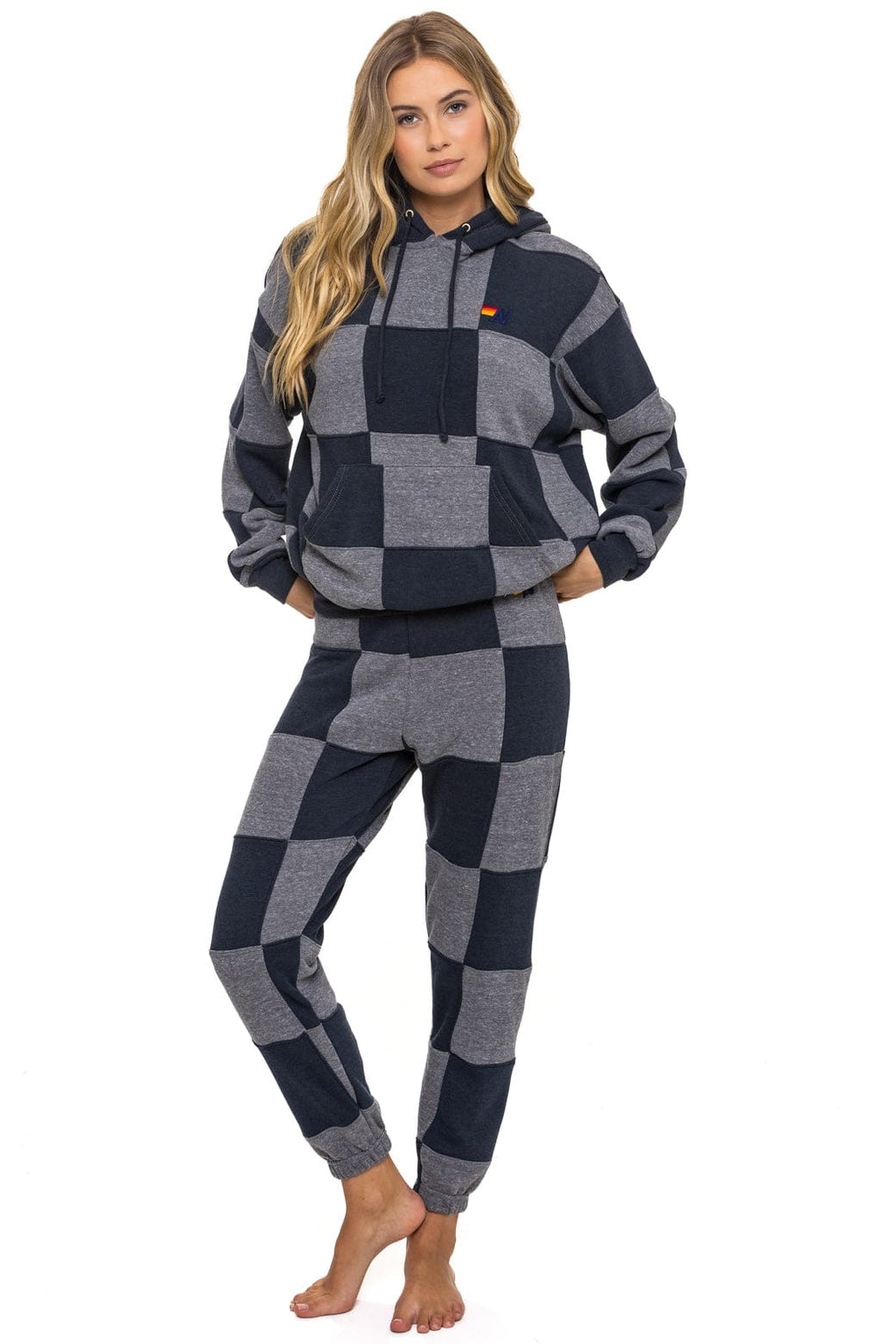 Retro CHECK QUILT RELAXED PULLOVER HOODIE - HEATHER CHARCOAL