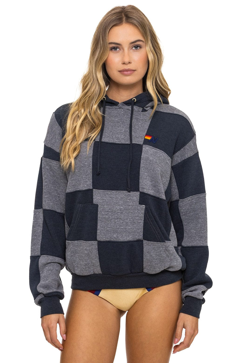 Retro CHECK QUILT RELAXED PULLOVER HOODIE - HEATHER CHARCOAL