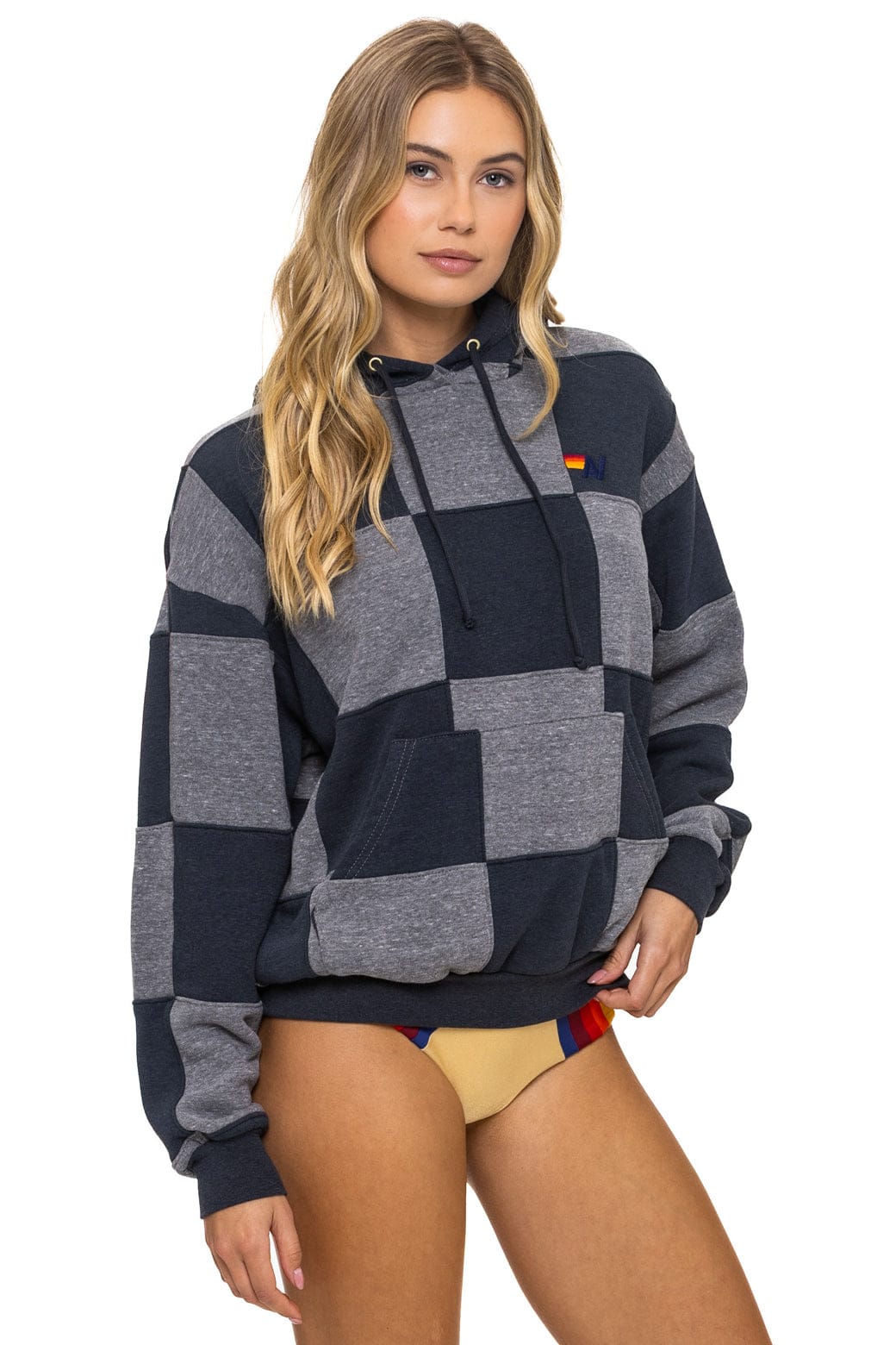 Retro CHECK QUILT RELAXED PULLOVER HOODIE - HEATHER CHARCOAL