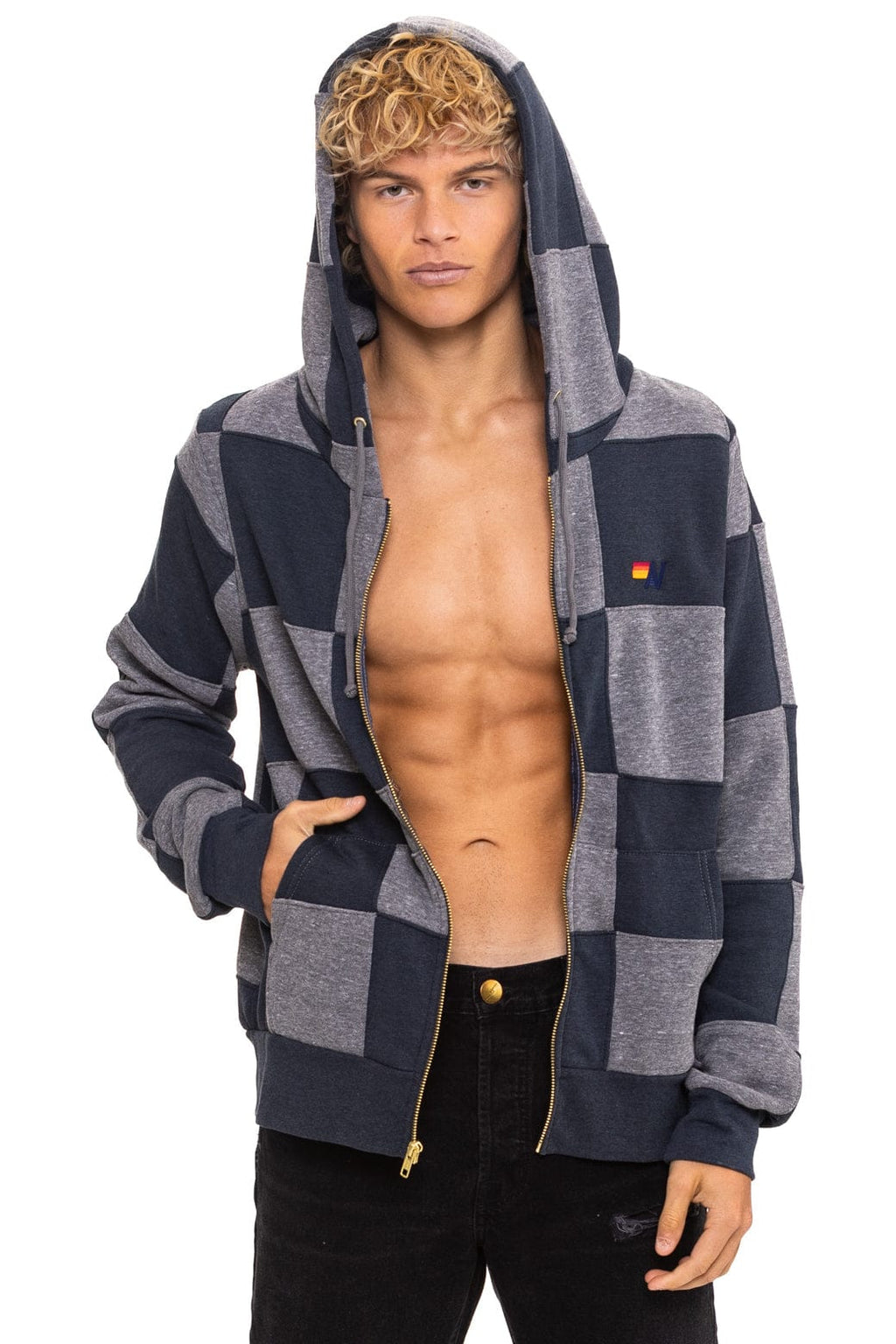 Retro CHECK QUILT ZIP HOODIE - HEATHER CHARCOAL