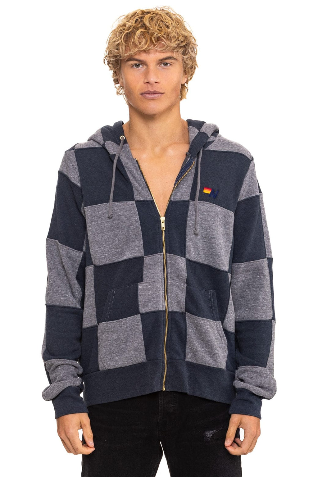 Retro CHECK QUILT ZIP HOODIE - HEATHER CHARCOAL