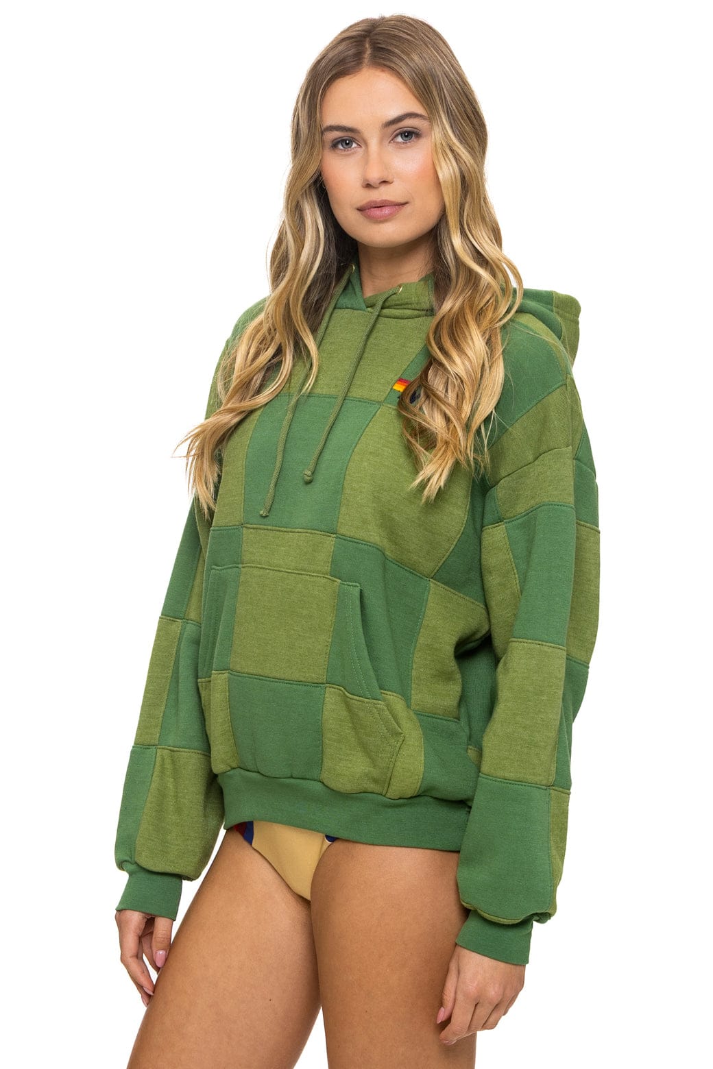 Retro CHECK QUILT RELAXED PULLOVER HOODIE - JUNGLE GREEN PALM