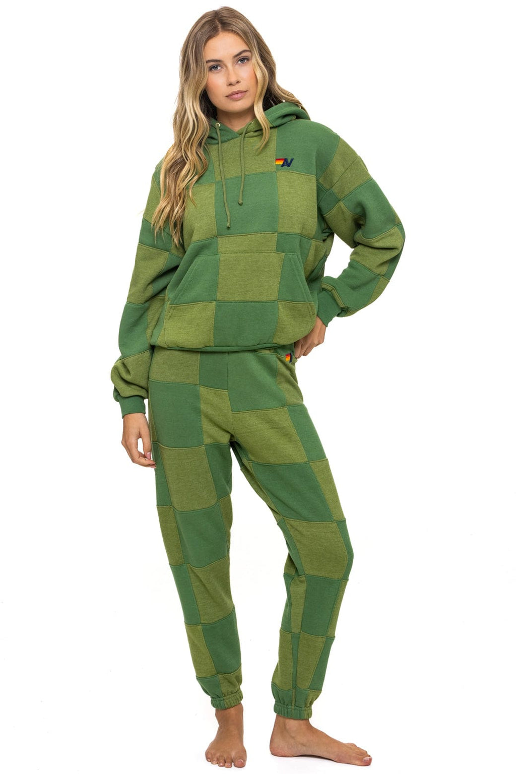 Retro CHECK QUILT RELAXED PULLOVER HOODIE - JUNGLE GREEN PALM