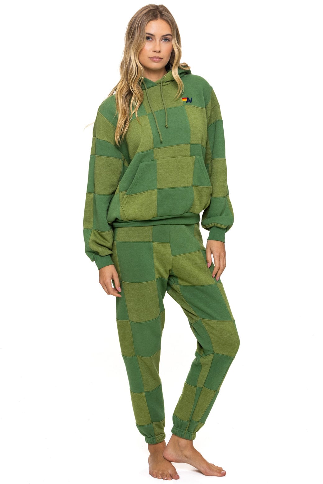 Retro CHECK QUILT RELAXED PULLOVER HOODIE - JUNGLE GREEN PALM