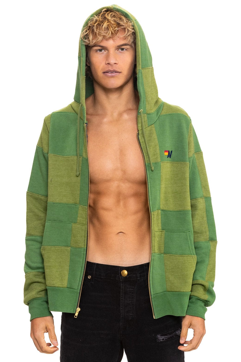 Retro CHECK QUILT ZIP HOODIE - JUNGLE GREEN PALM