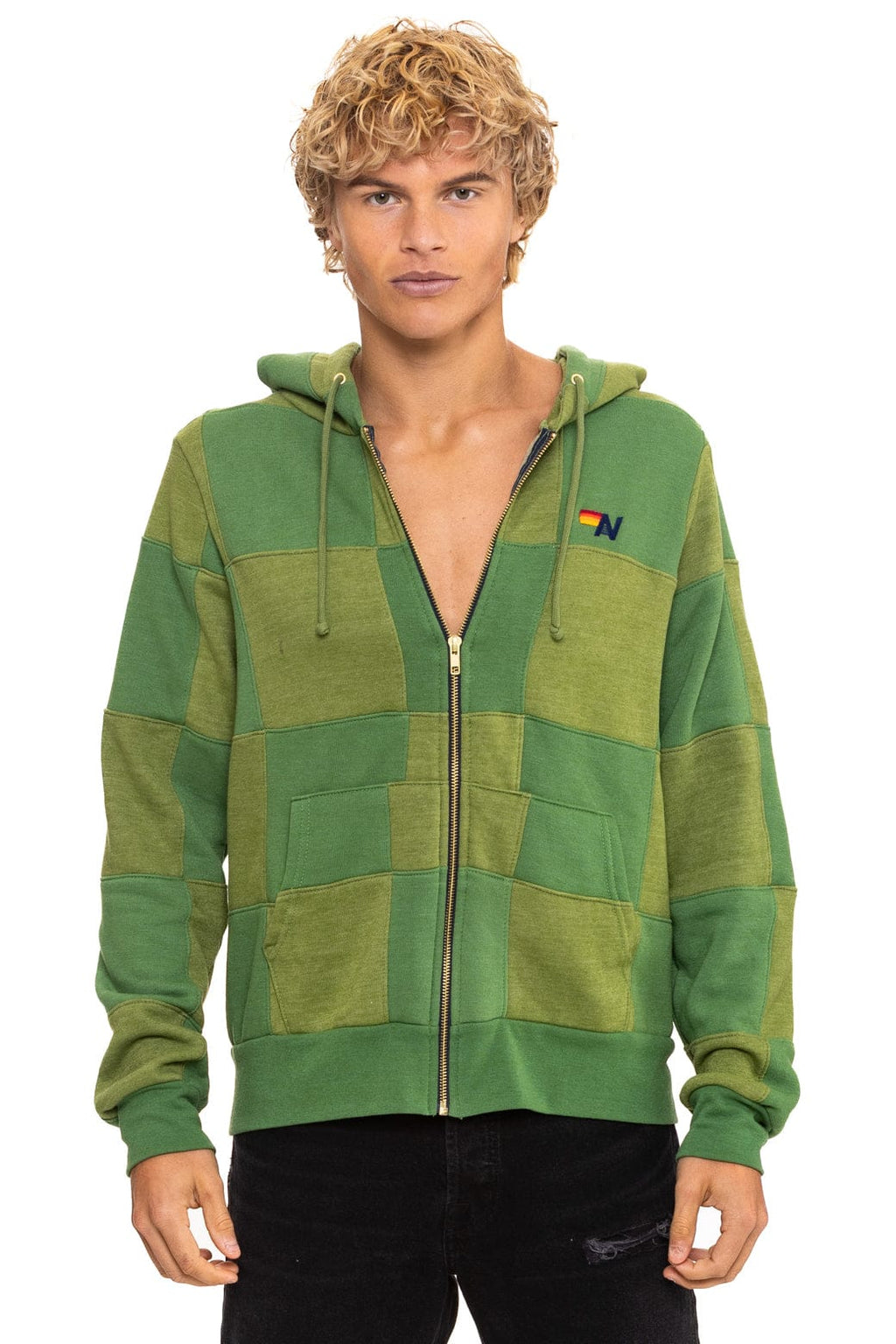 Retro CHECK QUILT ZIP HOODIE - JUNGLE GREEN PALM