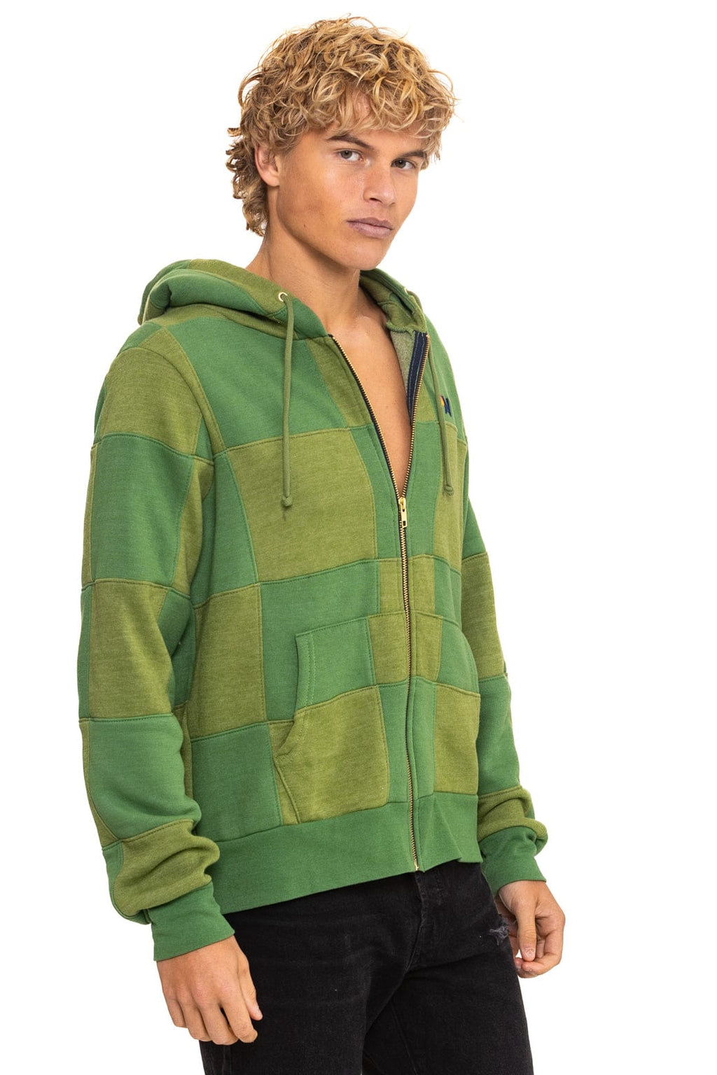 Retro CHECK QUILT ZIP HOODIE - JUNGLE GREEN PALM