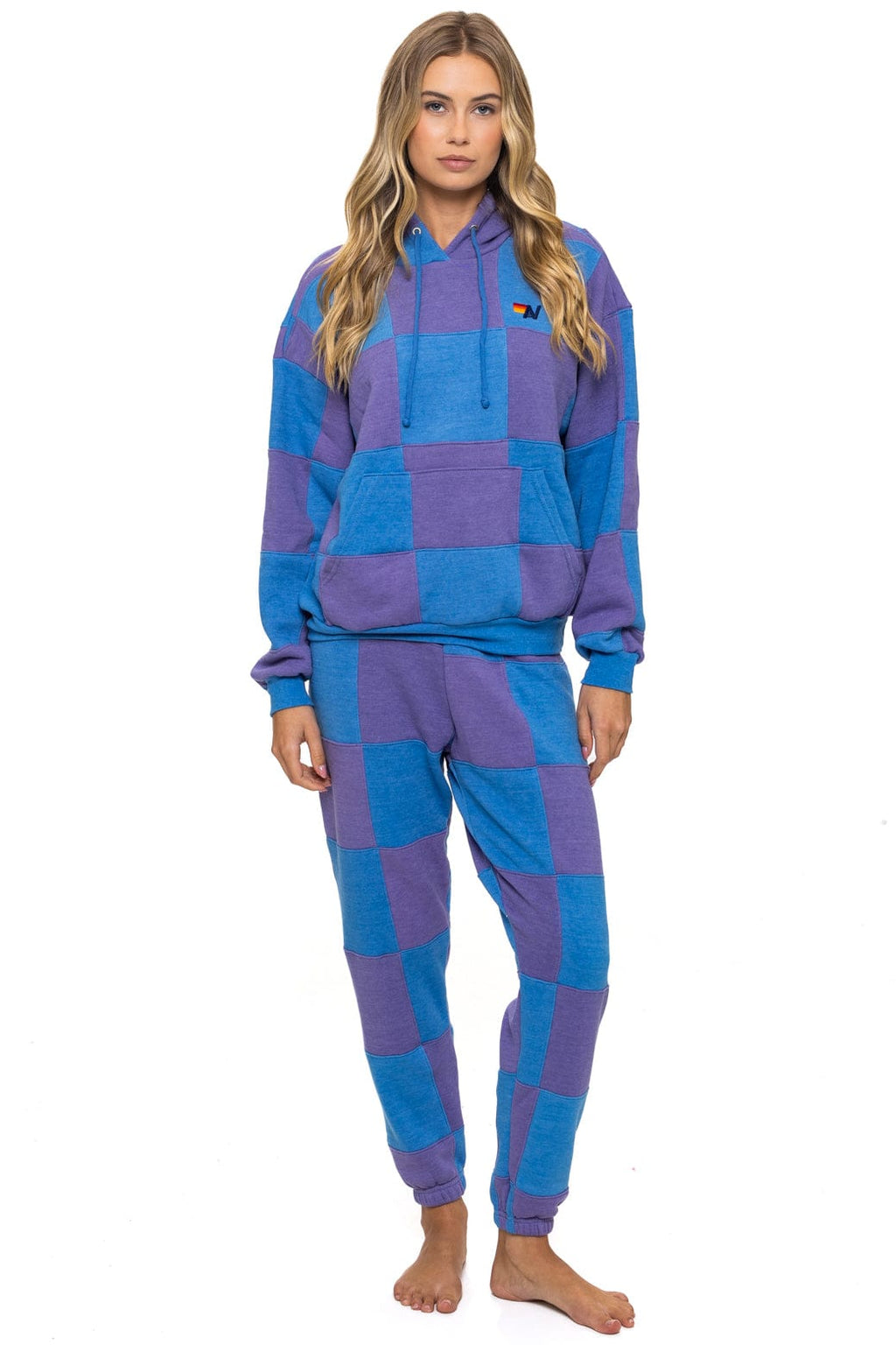 Retro CHECK QUILT RELAXED PULLOVER HOODIE - LAVENDER OCEAN