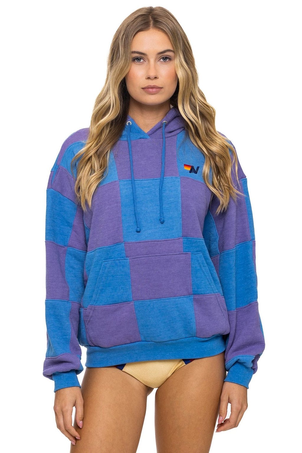 Retro CHECK QUILT RELAXED PULLOVER HOODIE - LAVENDER OCEAN
