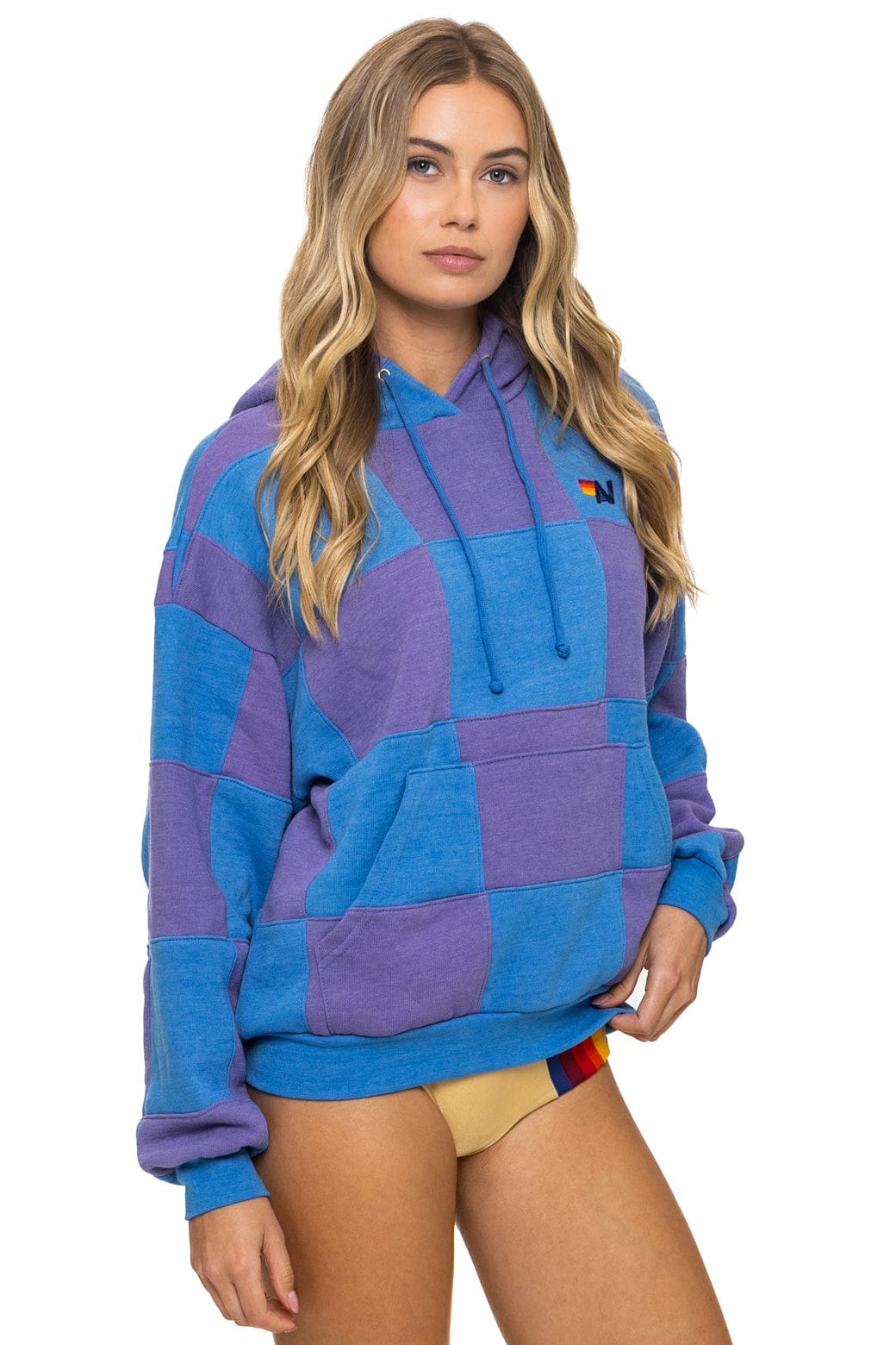 Retro CHECK QUILT RELAXED PULLOVER HOODIE - LAVENDER OCEAN
