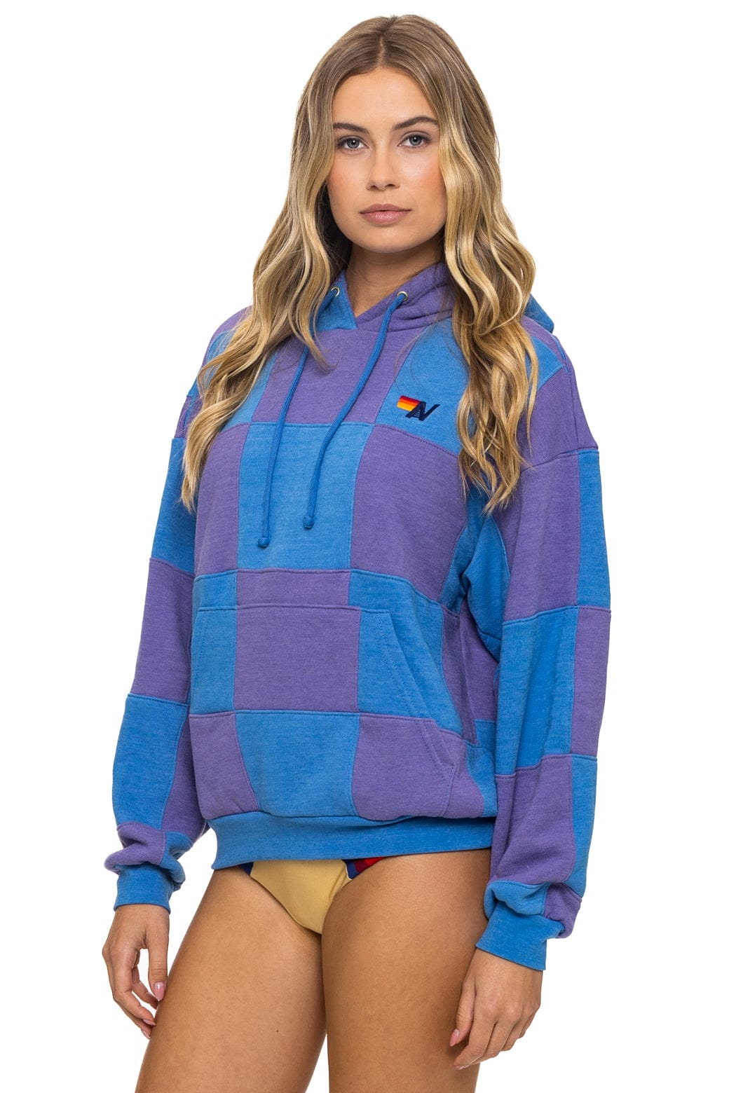 Retro CHECK QUILT RELAXED PULLOVER HOODIE - LAVENDER OCEAN