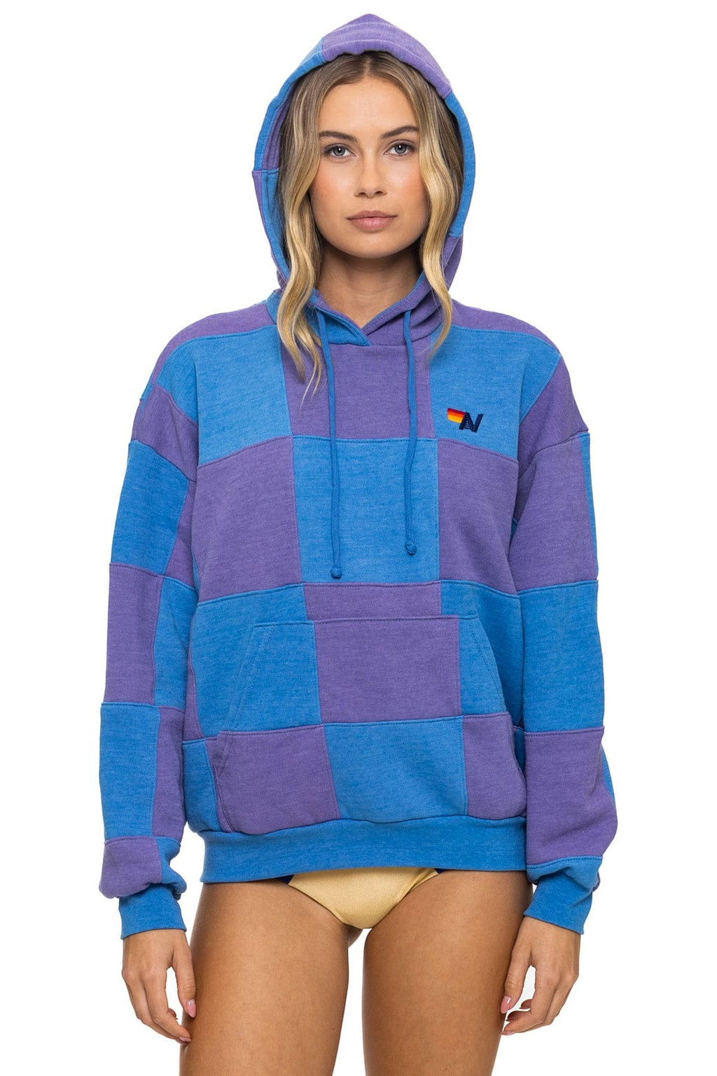 Retro CHECK QUILT RELAXED PULLOVER HOODIE - LAVENDER OCEAN