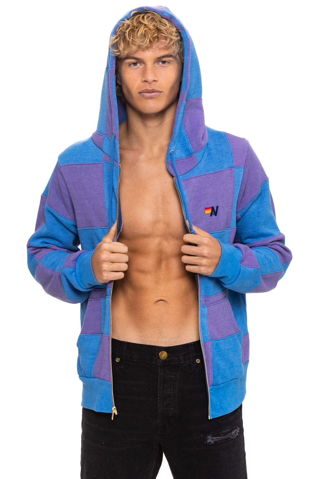 Retro CHECK QUILT ZIP HOODIE - LAVENDER OCEAN