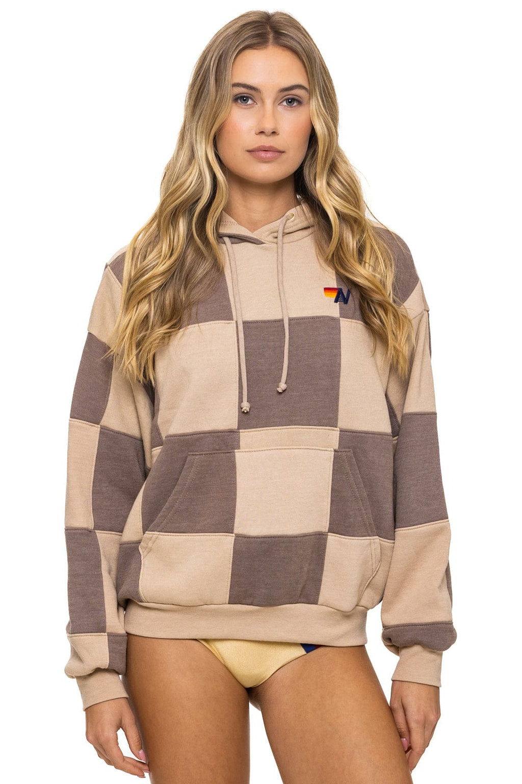 Retro CHECK QUILT RELAXED PULLOVER HOODIE - SAND TAUPE