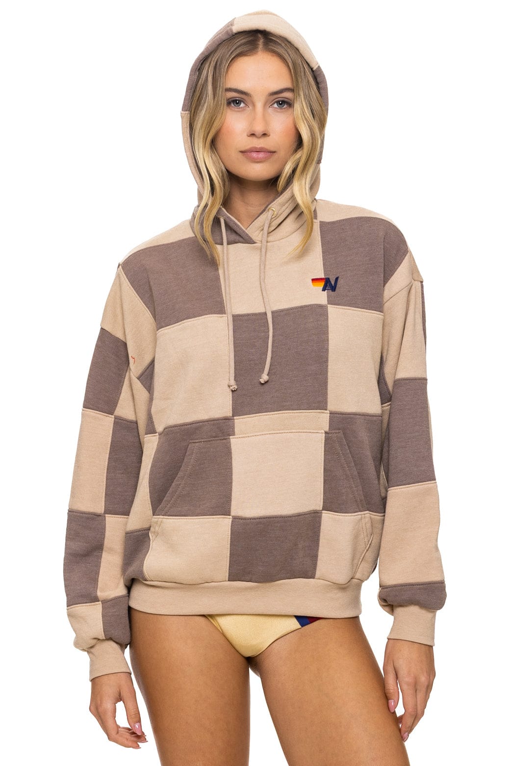Retro CHECK QUILT RELAXED PULLOVER HOODIE - SAND TAUPE