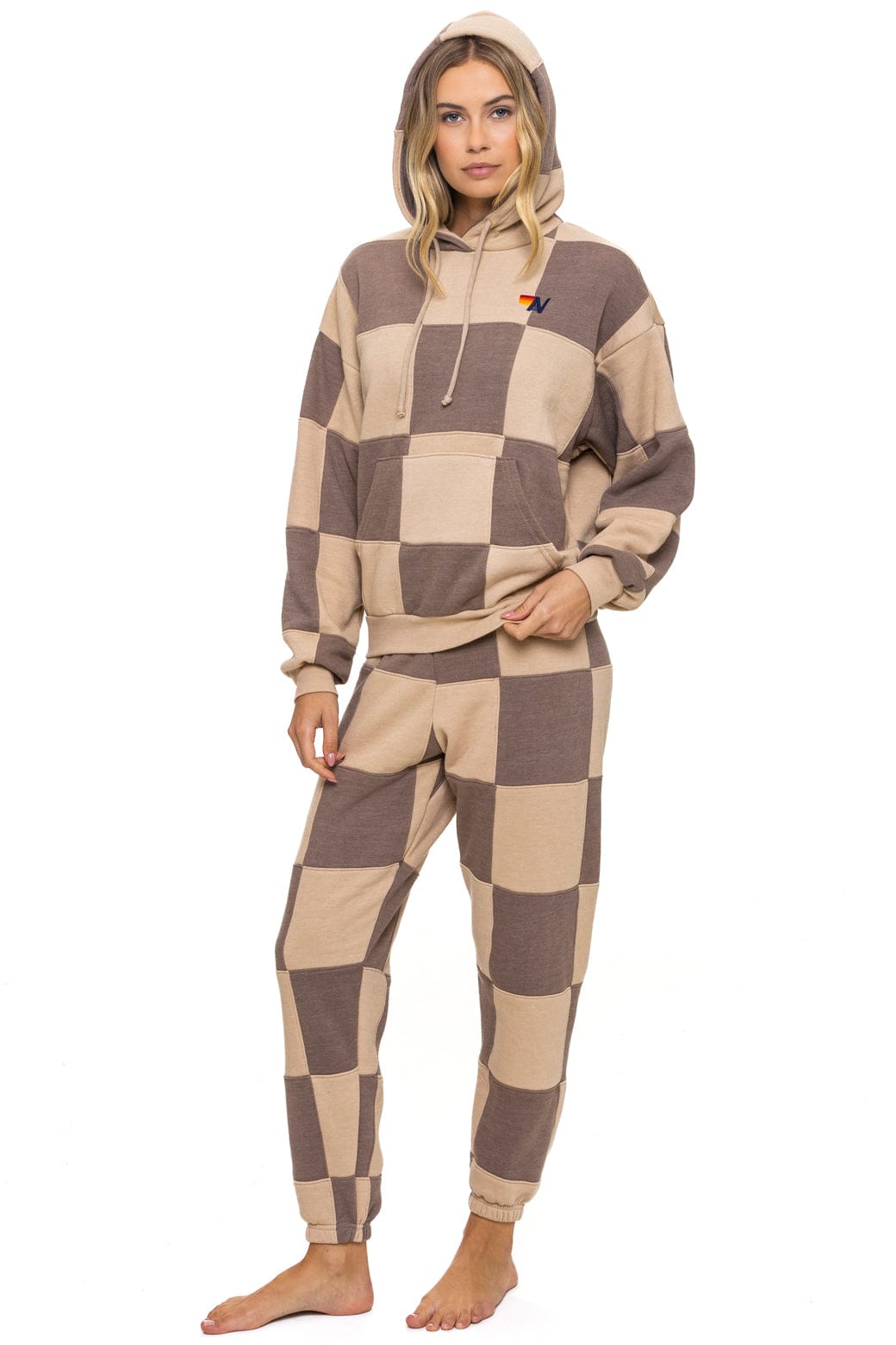 Retro CHECK QUILT RELAXED PULLOVER HOODIE - SAND TAUPE