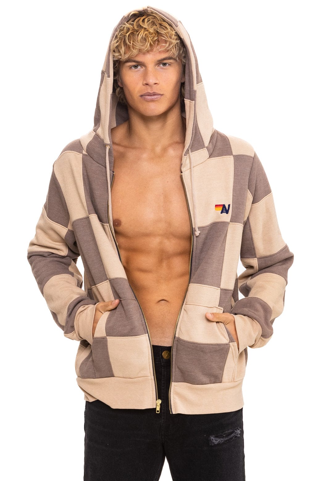 Retro CHECK QUILT ZIP HOODIE - SAND TAUPE
