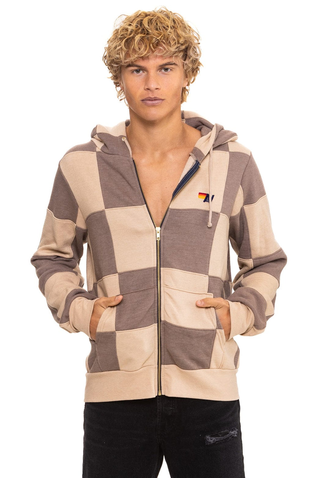 Retro CHECK QUILT ZIP HOODIE - SAND TAUPE