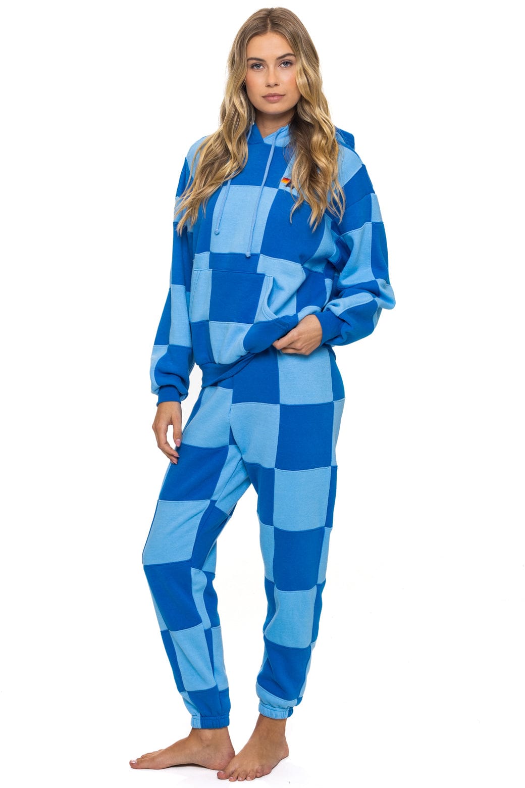 Retro CHECK QUILT RELAXED PULLOVER HOODIE - SKY ADVENTURE BLUE