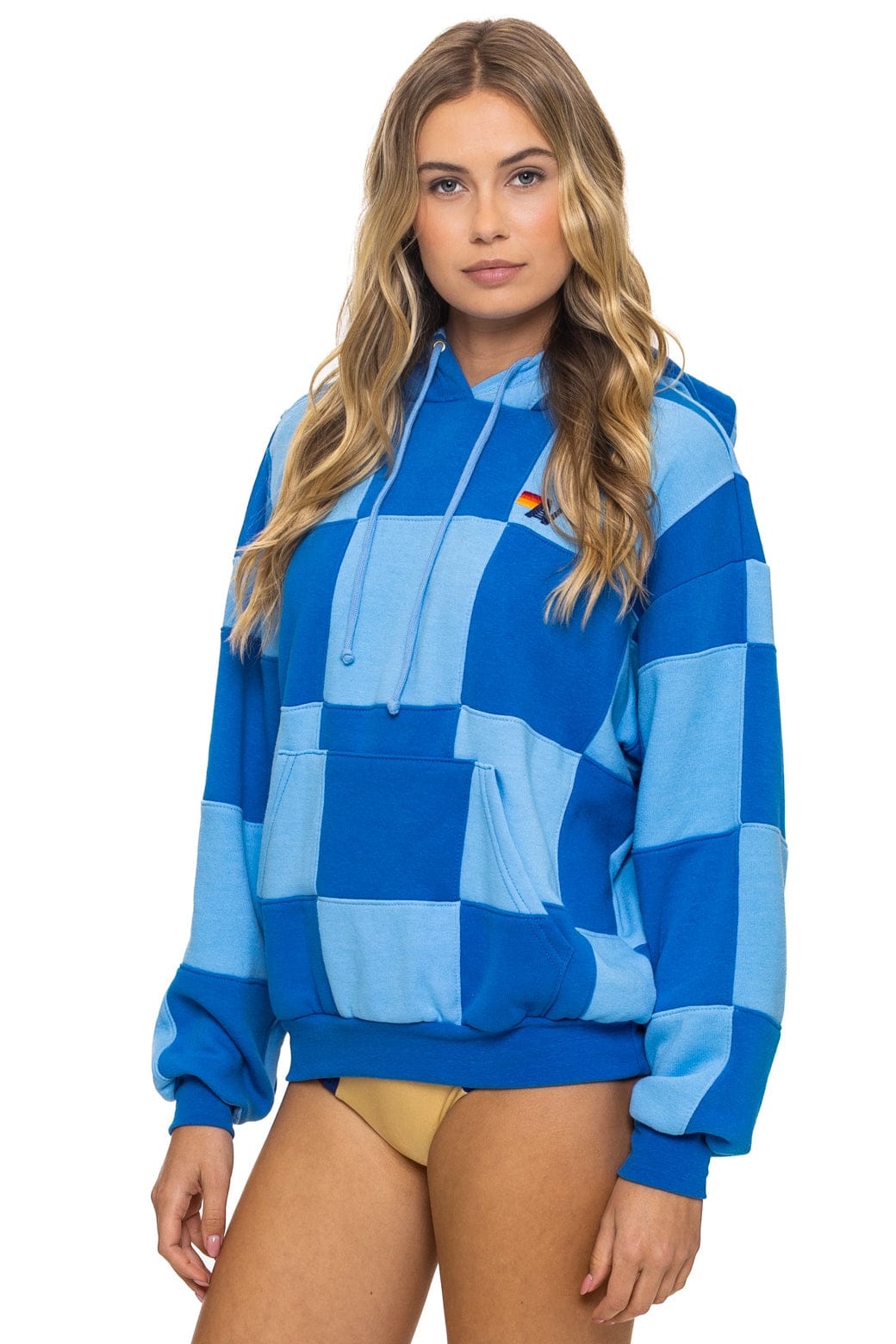 Retro CHECK QUILT RELAXED PULLOVER HOODIE - SKY ADVENTURE BLUE