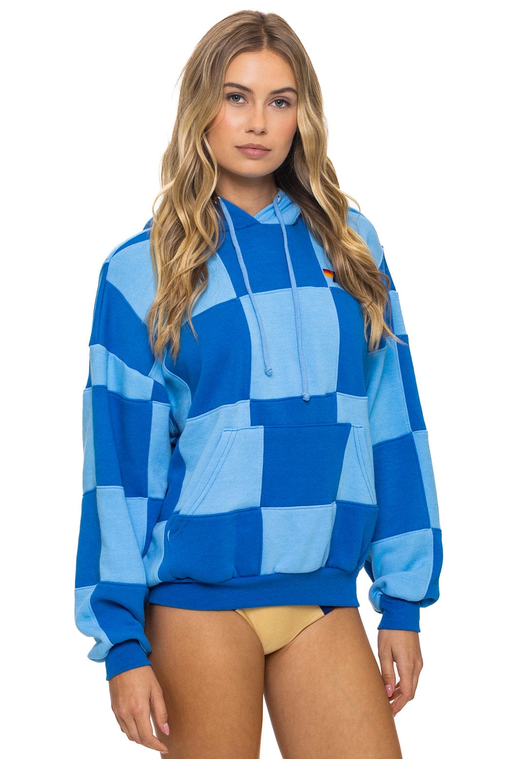 Retro CHECK QUILT RELAXED PULLOVER HOODIE - SKY ADVENTURE BLUE