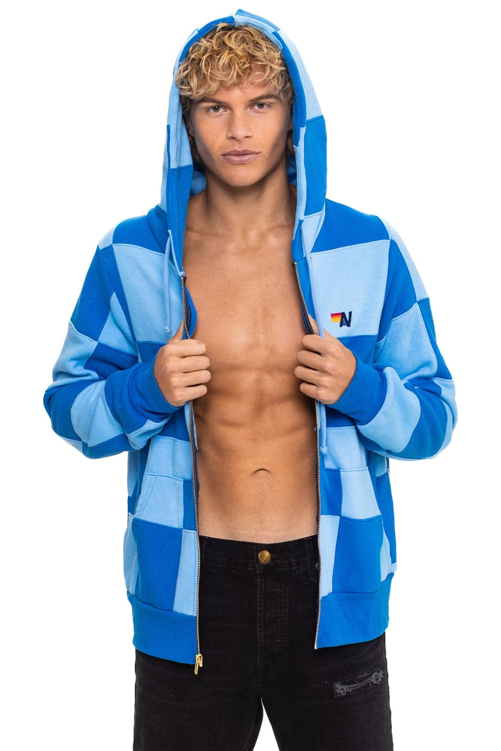 Retro CHECK QUILT ZIP HOODIE - SKY ADVENTURE BLUE
