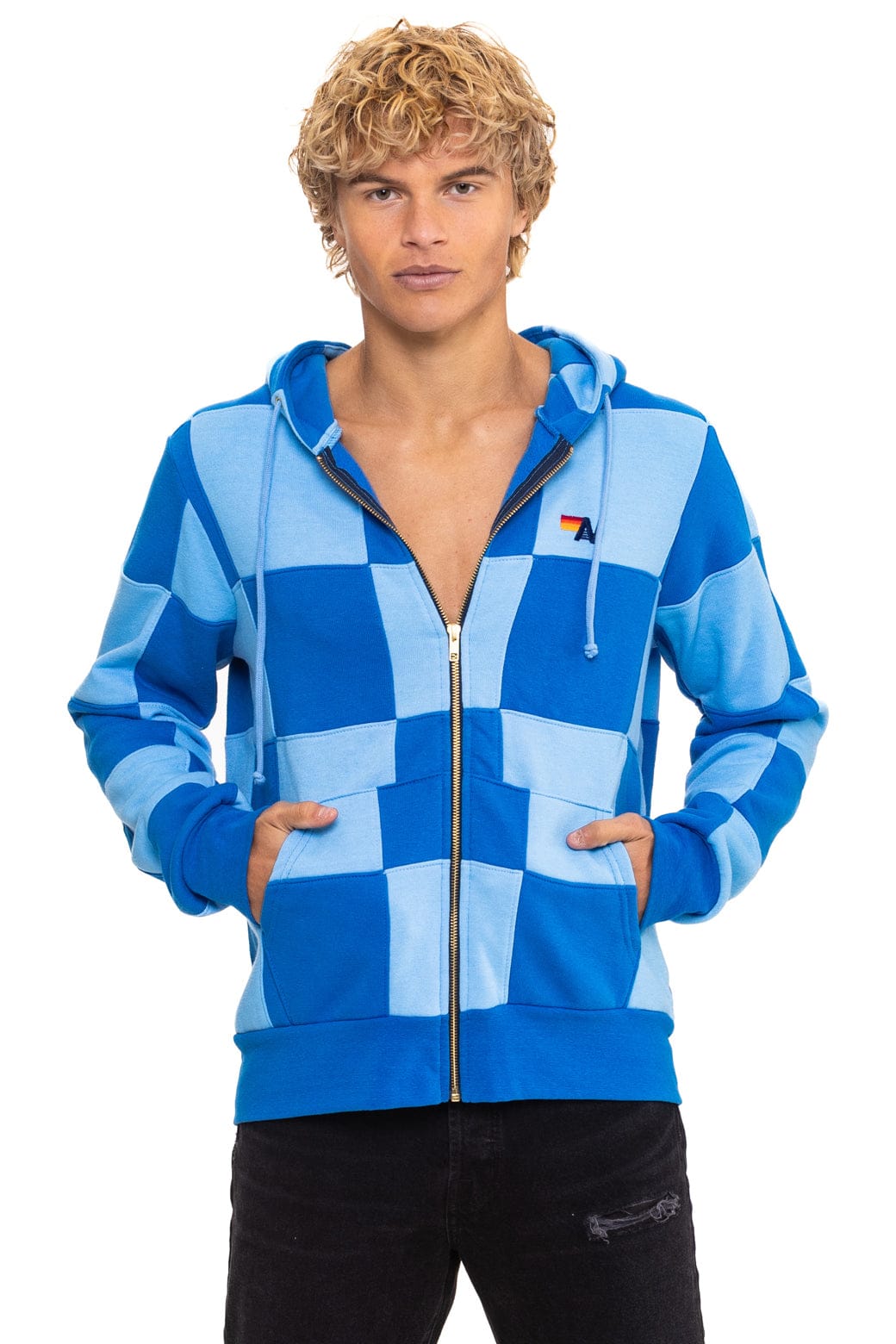 Retro CHECK QUILT ZIP HOODIE - SKY ADVENTURE BLUE