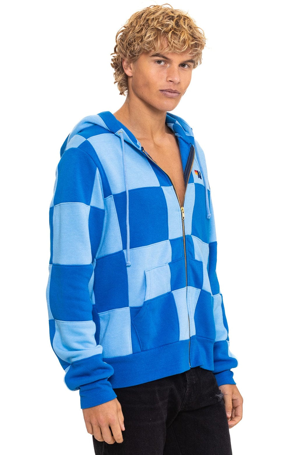 Retro CHECK QUILT ZIP HOODIE - SKY ADVENTURE BLUE