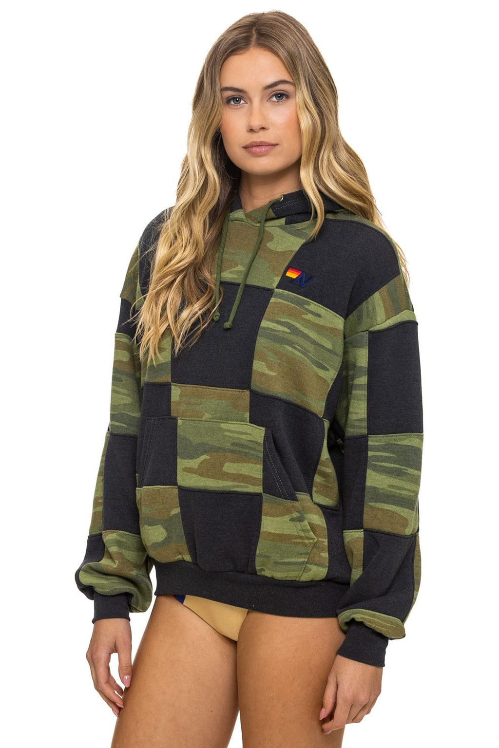 Retro CHECK QUILT RELAXED PULLOVER HOODIE - SMOKE CAMO
