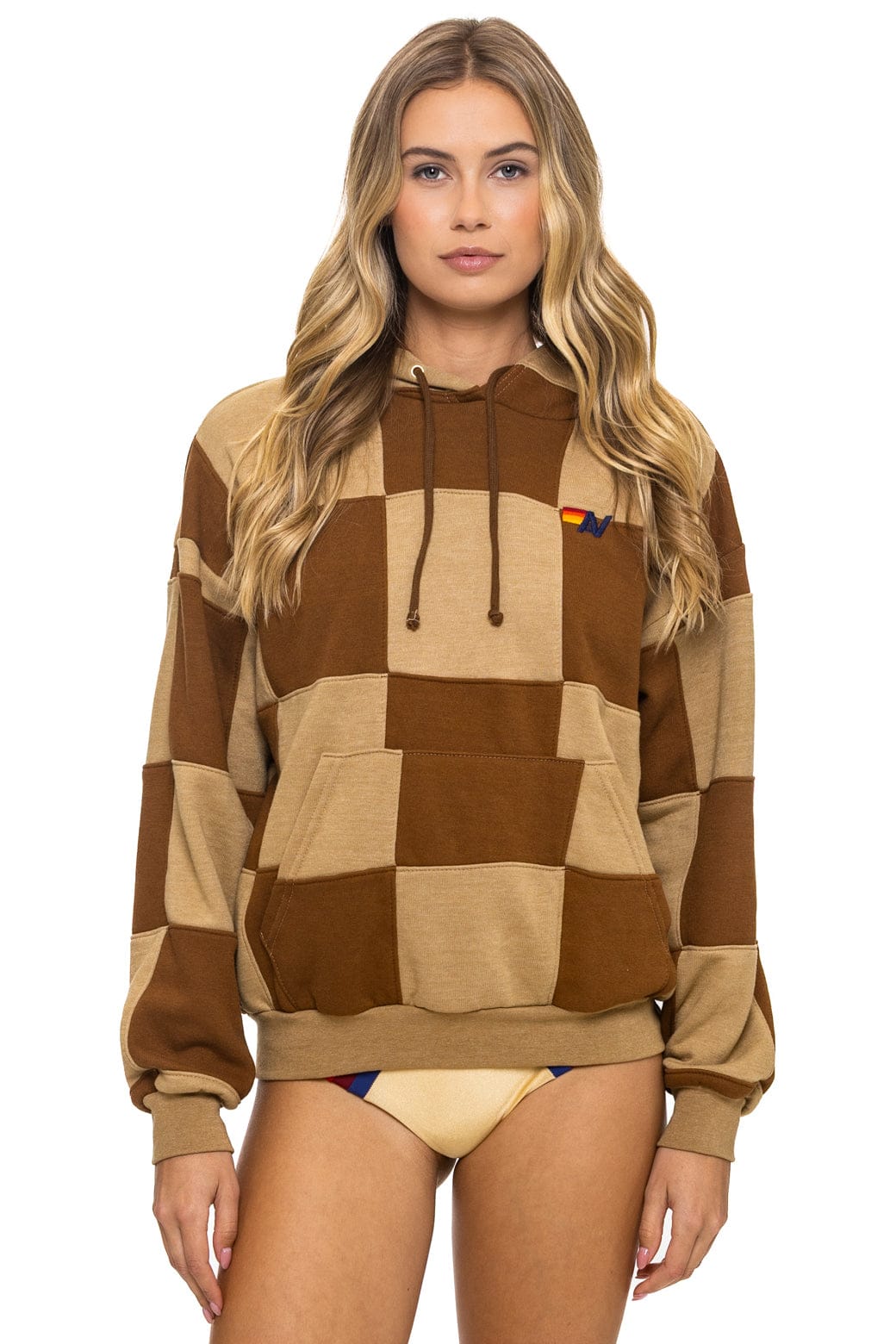 Retro CHECK QUILT RELAXED PULLOVER HOODIE - TAN CINNAMON