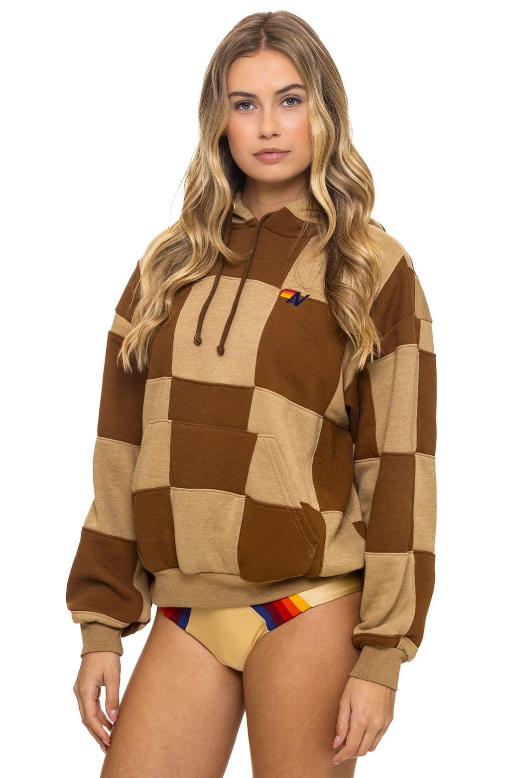 Retro CHECK QUILT RELAXED PULLOVER HOODIE - TAN CINNAMON