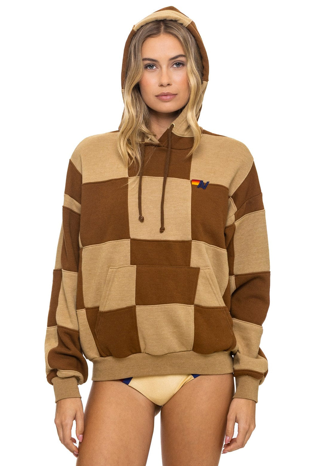 Retro CHECK QUILT RELAXED PULLOVER HOODIE - TAN CINNAMON