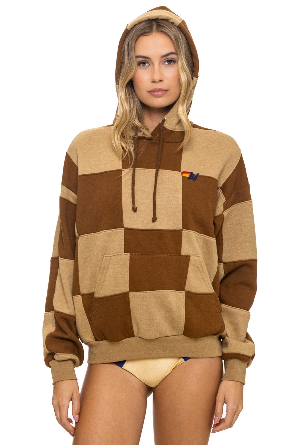 Retro CHECK QUILT RELAXED PULLOVER HOODIE - TAN CINNAMON