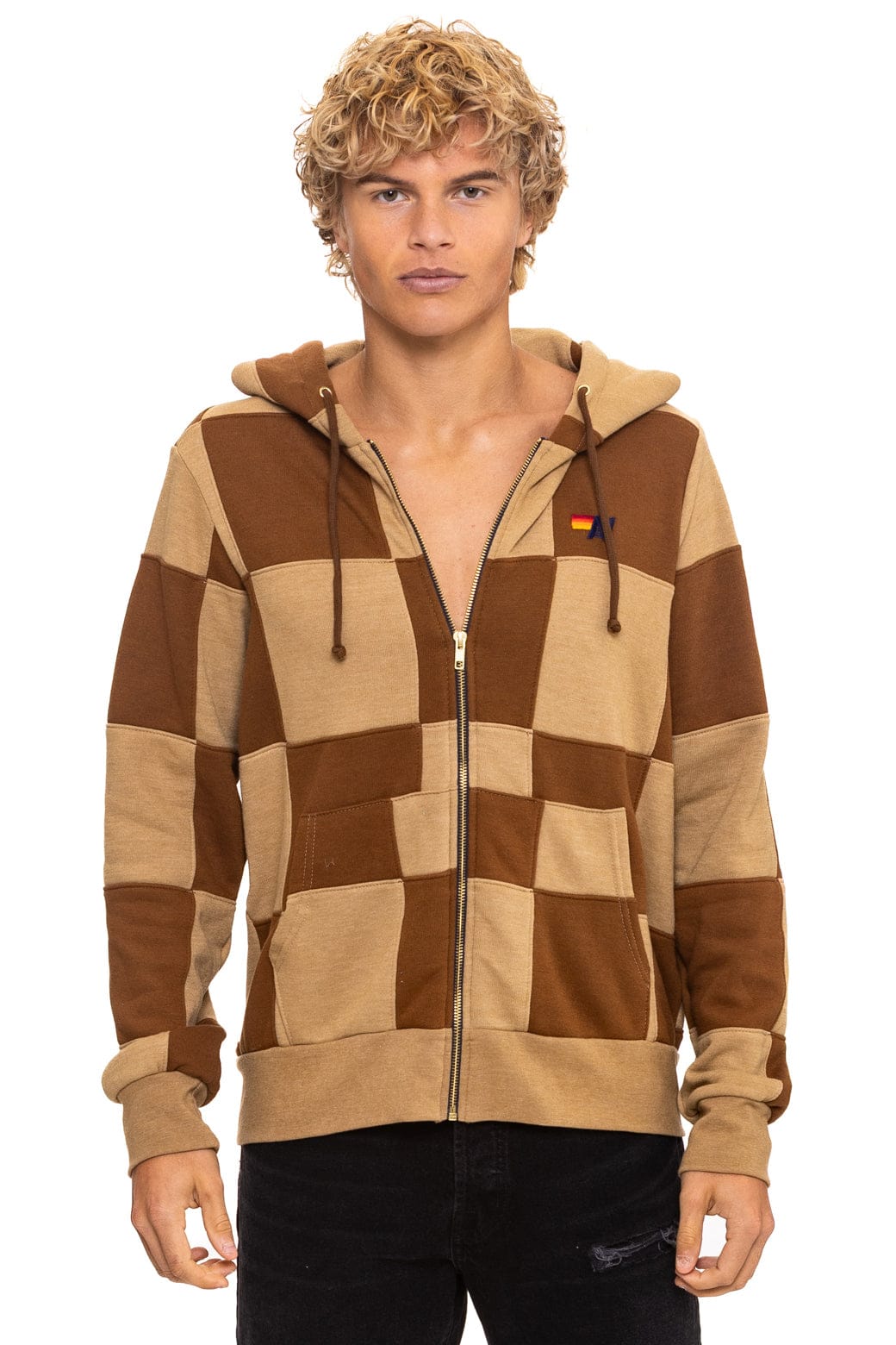 Retro CHECK QUILT ZIP HOODIE - TAN CINNAMON