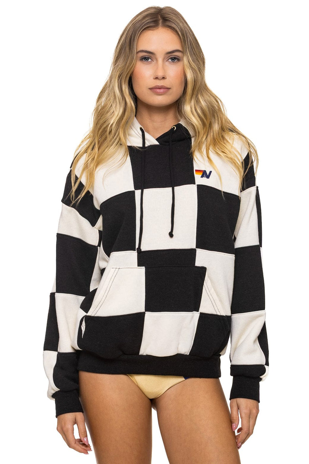 Retro CHECK QUILT RELAXED PULLOVER HOODIE - VINTAGE WHITE BLACK