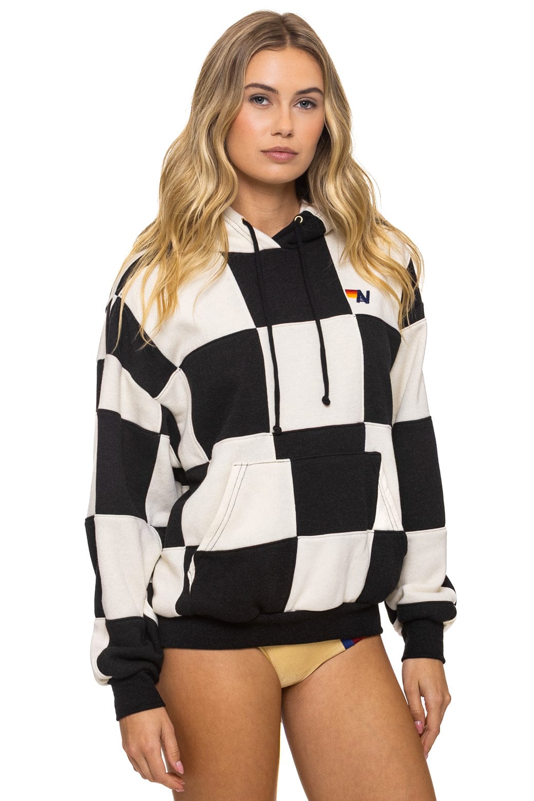 Retro CHECK QUILT RELAXED PULLOVER HOODIE - VINTAGE WHITE BLACK