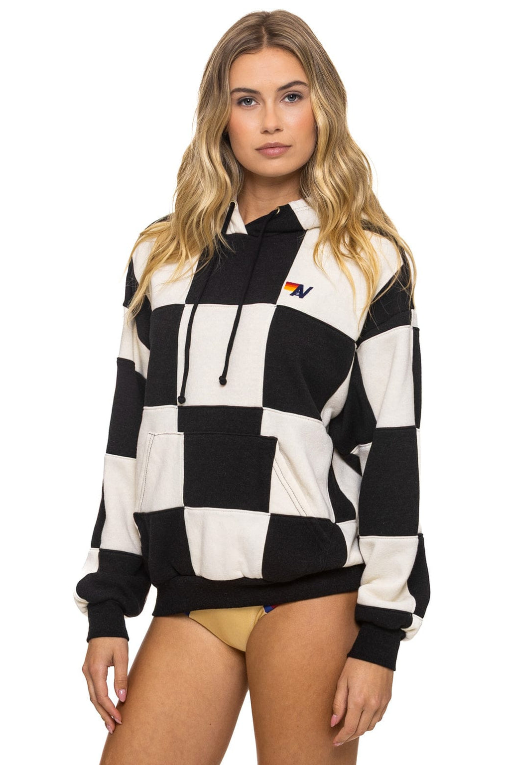 Retro CHECK QUILT RELAXED PULLOVER HOODIE - VINTAGE WHITE BLACK