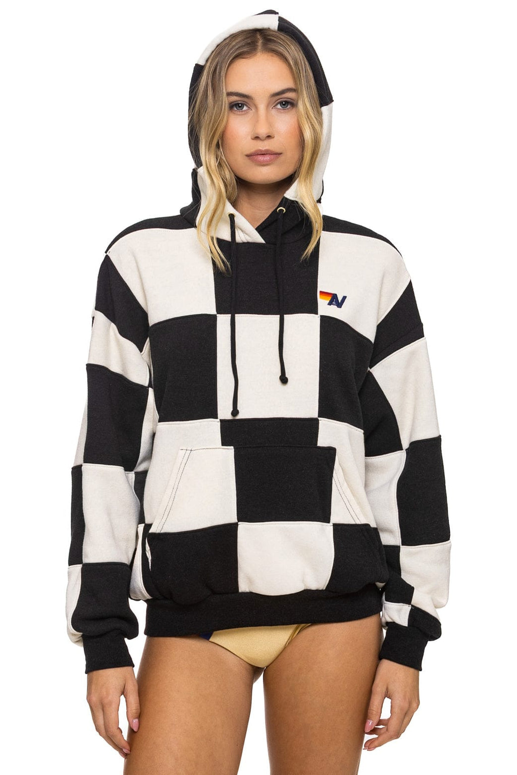 Retro CHECK QUILT RELAXED PULLOVER HOODIE - VINTAGE WHITE BLACK