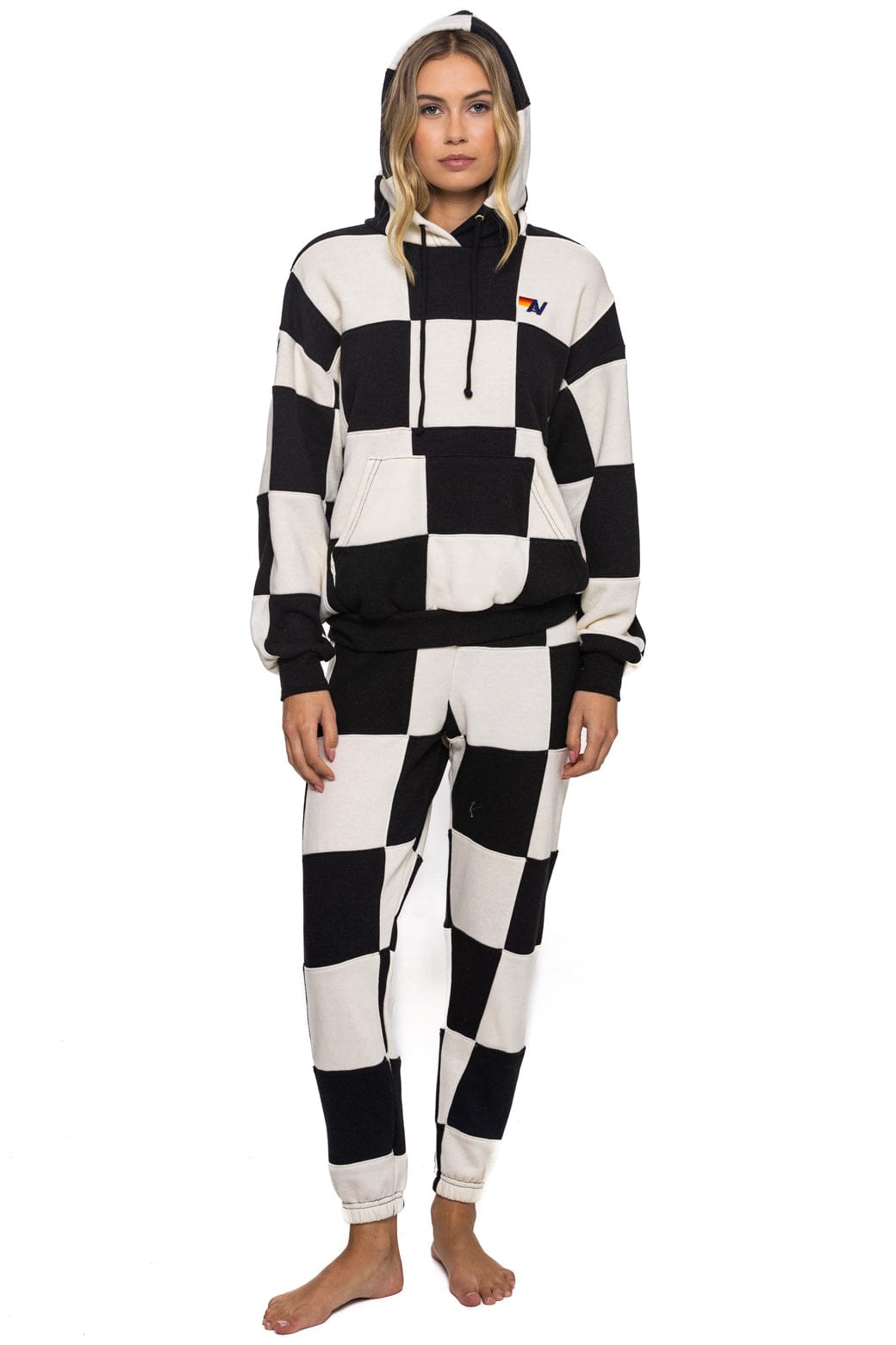 Retro CHECK QUILT RELAXED PULLOVER HOODIE - VINTAGE WHITE BLACK